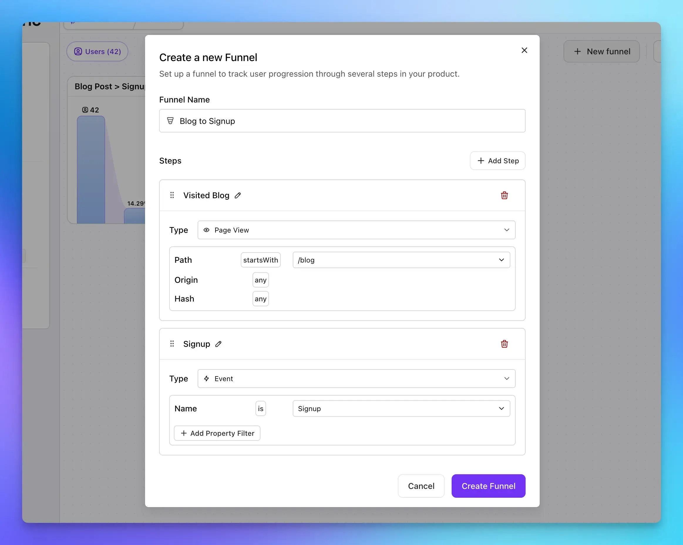 Screenshot of creating a Funnel in Vemetric
