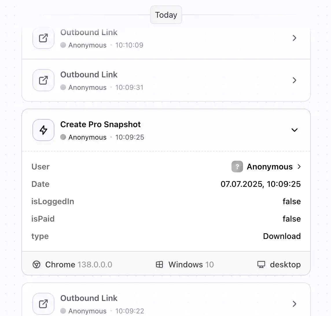 Screenshot of Vemetric Event Streams visualization