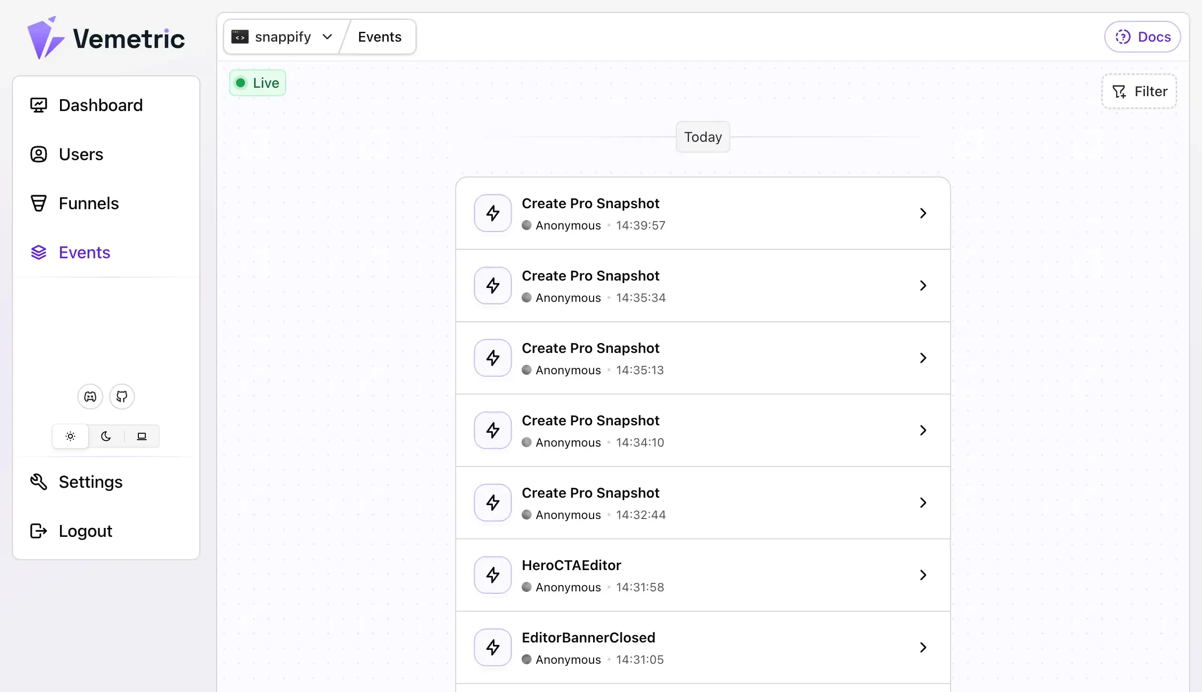 Screenshot of the Vemetric Events