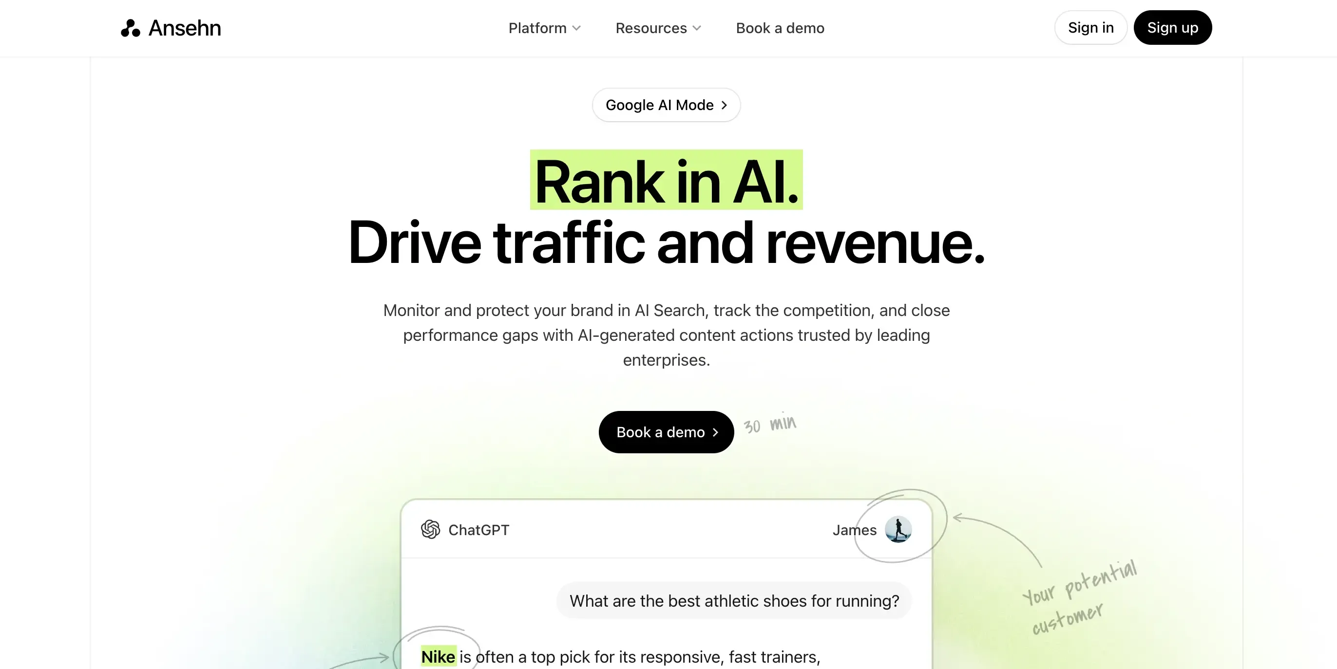 Screenshot of the Ansehn's landing page.